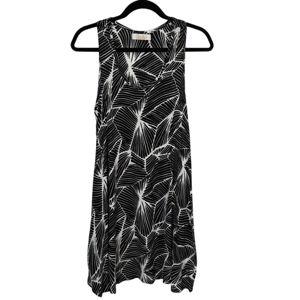 Ava‎ Sky Geometric Palm Print Dress Women L Flowy Resort Tropical Coastal Indie